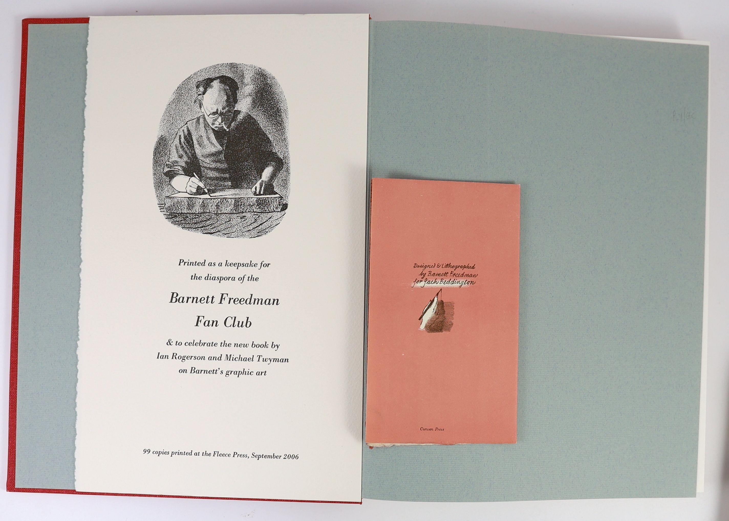 Rogerson, Ian - Barnett Freedman the Graphic Art, one of 240 with a loosely inserted card and one of 99 with printed facsimile for the diaspora of the Barnett Freedman Fan Club, folio, orange cloth, with a DVD in rear po